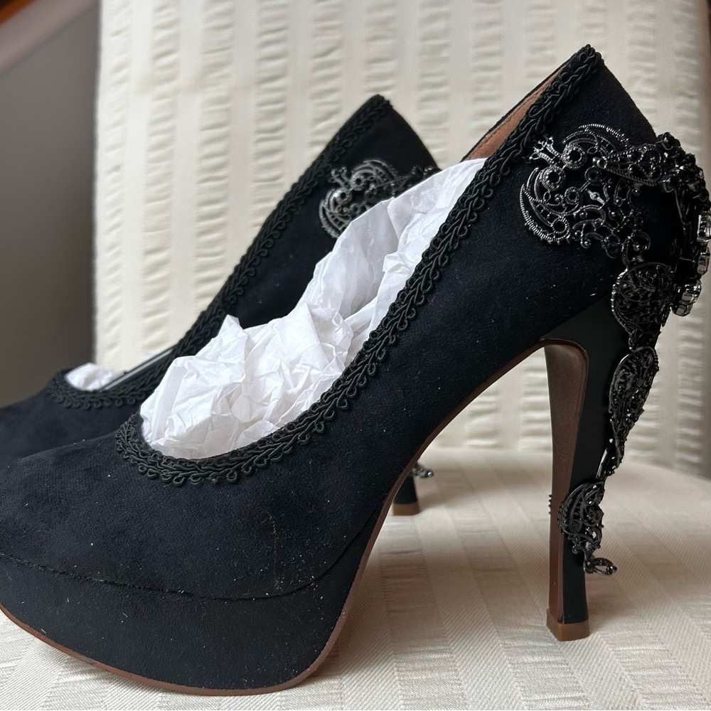 Hades Black Heels with lace trim, metallic & rhinestone Embellishments. - Picture 2 of 11